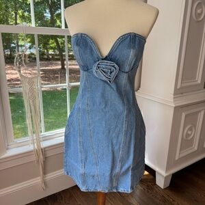 Lulu's Blue Denim Strapless Dress with Rosette Detail